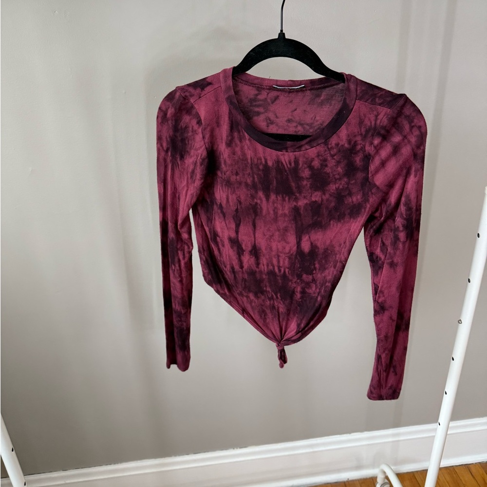 Fashion Nova Burgundy Tie-Dye Long Sleeve Knot Front Top